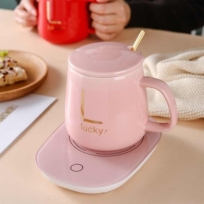 Cana de cafea din ceramica, cu suport incalzitor, incarcare USB, cu buton pentru controlul temperaturii, cu lingurita inclusa, roz