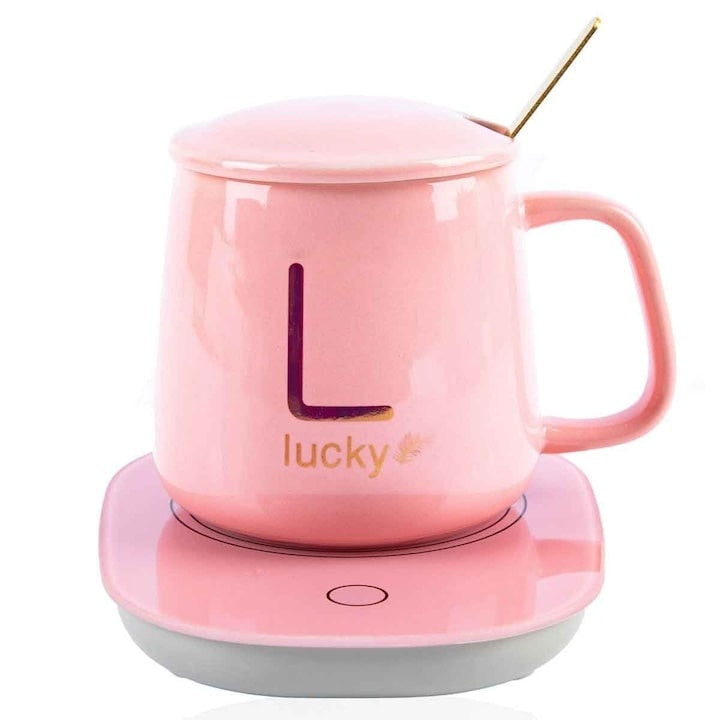 Cana de cafea din ceramica, cu suport incalzitor, incarcare USB, cu buton pentru controlul temperaturii, cu lingurita inclusa, roz