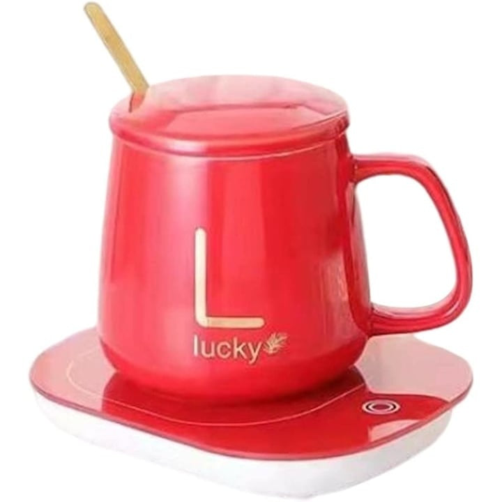 Cana de cafea din ceramica, cu suport incalzitor, incarcare USB, cu buton pentru controlul temperaturii, cu lingurita inclusa, rosu