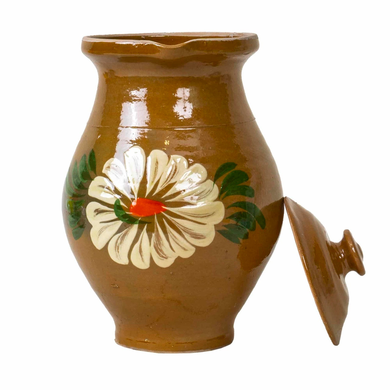 Cana din lut pictata traditional, capacitate 2l, cu capac inclus