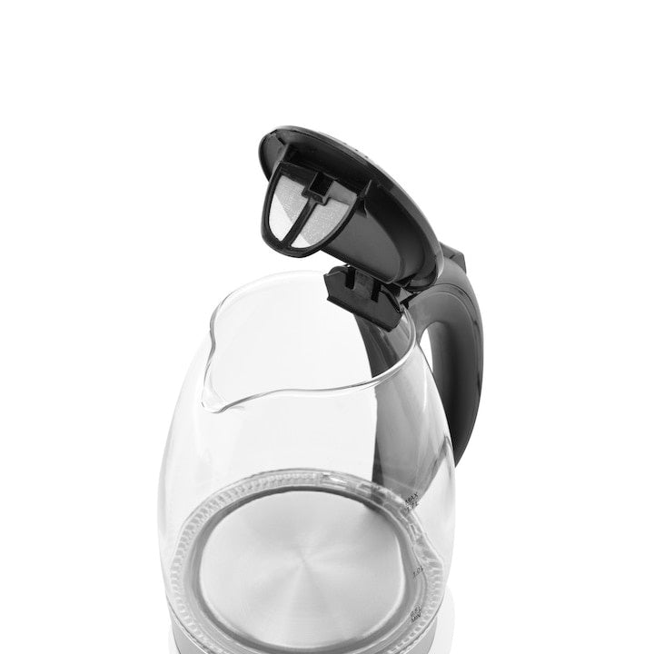 Cana electrica fierbator, din sticla, capacitate 2L, putere 2200 W, iluminare LED, oprire automata, negru/transparent