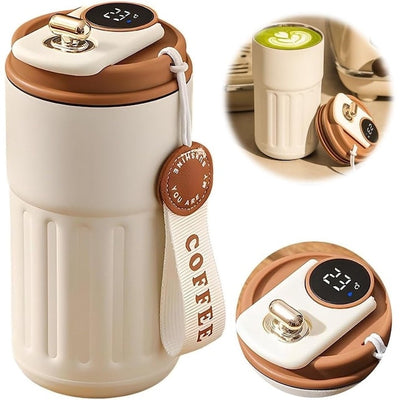 Cana termica, cu afisaj LED, control temperatura, pentru bauturi fierbinti sau reci, din otel inoxidabil, capacitate 450ml, maro
