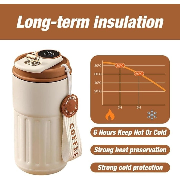 Cana termica, cu afisaj LED, control temperatura, pentru bauturi fierbinti sau reci, din otel inoxidabil, capacitate 450ml, maro