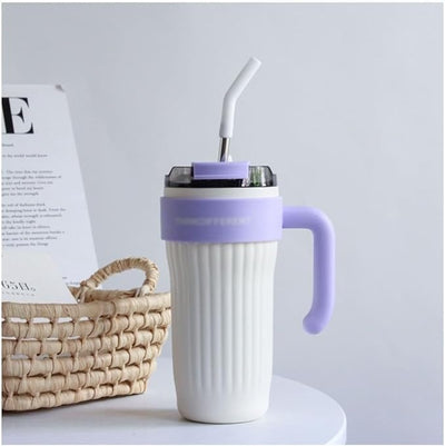 Cana termos pentru bauturi, cu pai din inoc, maner ergonomic, capacitate 800ml, alb/mov