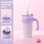 Cana termos pentru bauturi, cu pai din inoc, maner ergonomic, capacitate 800ml, alb/mov