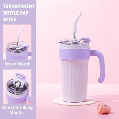 Cana termos pentru bauturi, cu pai din inoc, maner ergonomic, capacitate 800ml, alb/mov