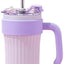 Cana termos pentru bauturi, cu pai din inoc, maner ergonomic, capacitate 800ml, alb/mov