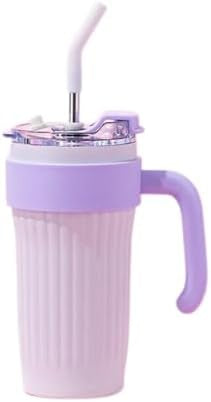 Cana termos pentru bauturi, cu pai din inoc, maner ergonomic, capacitate 800ml, alb/mov