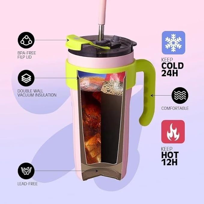 Cana termos pentru bauturi, cu pai din inoc, maner ergonomic, capacitate 800ml, alb/mov