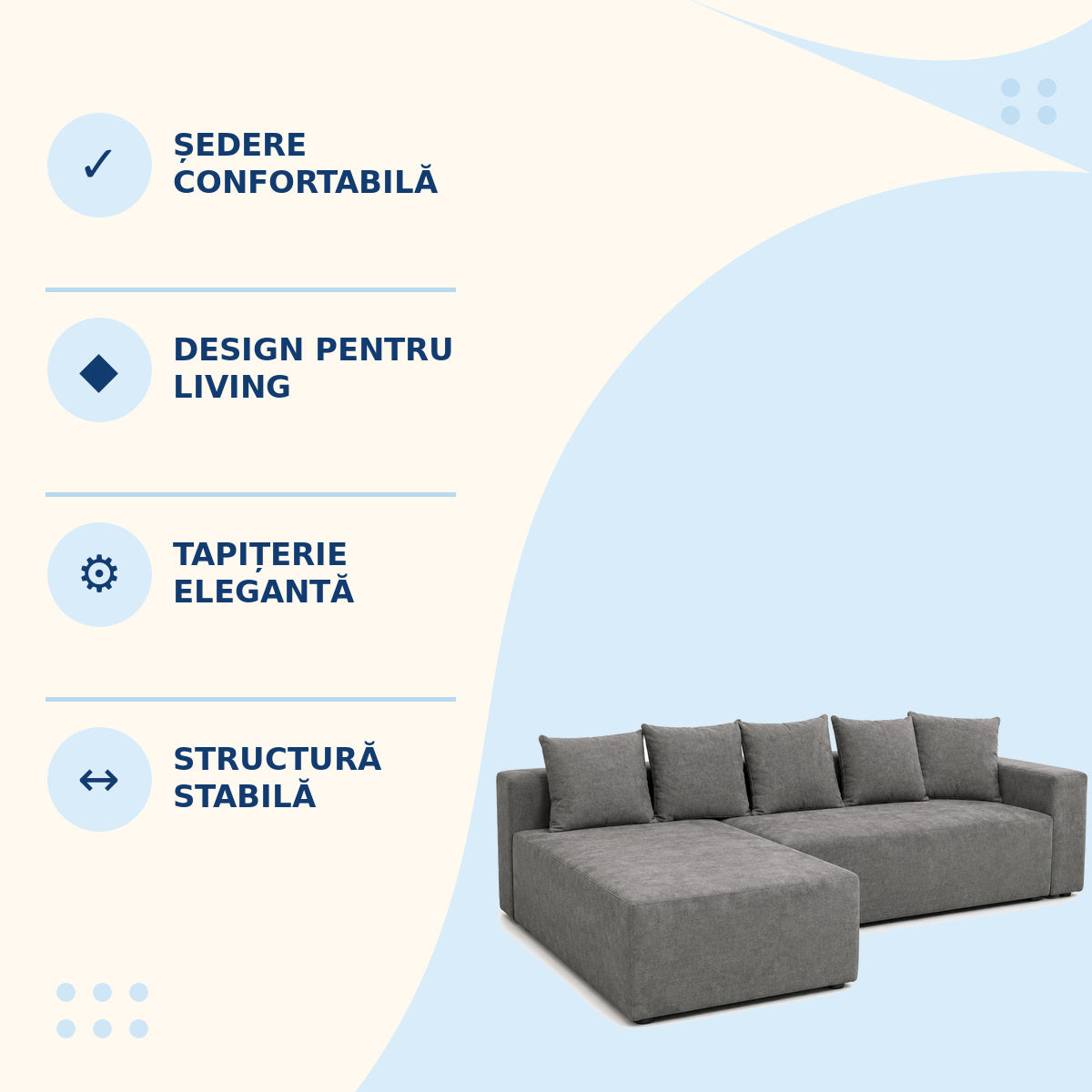 Canapea Colțar Modulară cu Șezut Extins, Gri – caracteristici