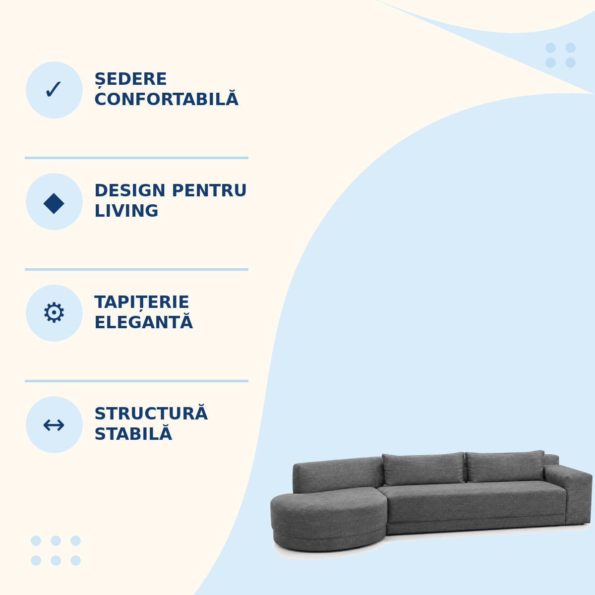 Canapea Modulară Curbată pentru Living, Gri – caracteristici
