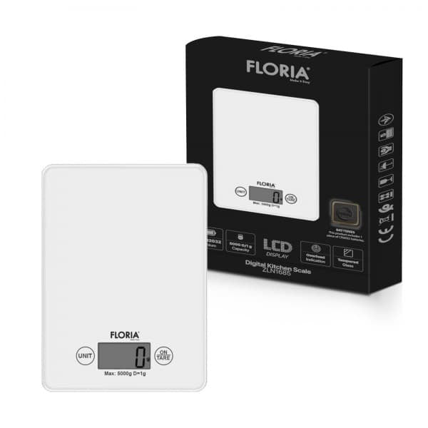 Cantar bucatarie digital din sticla, capacitate 5kg, afisaj LCD, alb