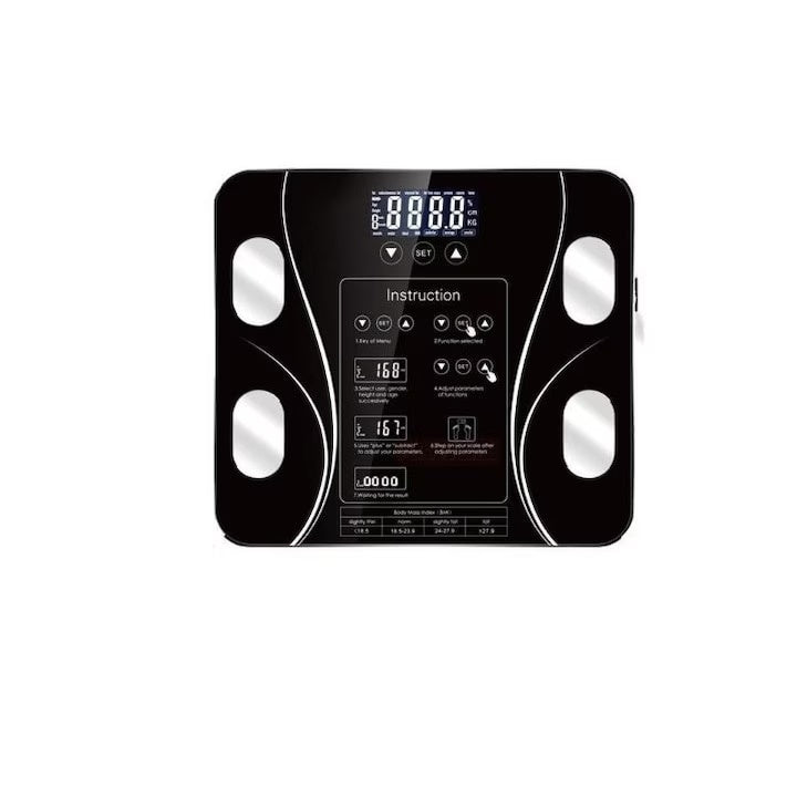 Cantar corporal SMART, cu aplicatie pentru telefon, din sticla securizata, cu afisaj LCD, negru