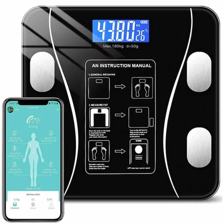 Cantar corporal SMART, cu aplicatie pentru telefon, din sticla securizata, cu afisaj LCD, negru