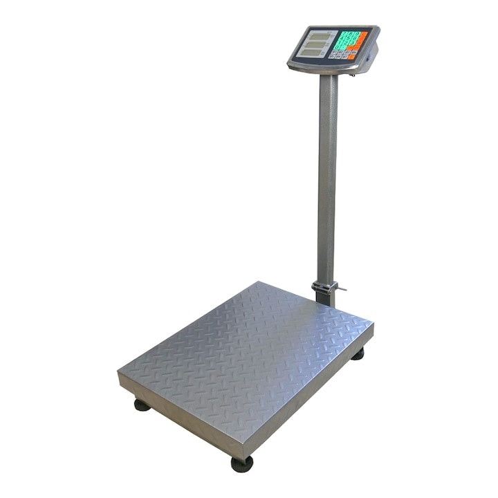 Cantar de platforma, sarcina maxima 500 kg, din otel, afisaj digital cu iluminare, cu baterie reincarcabila de mare capacitate, precizie de masurare +/- 100 g, argintiu