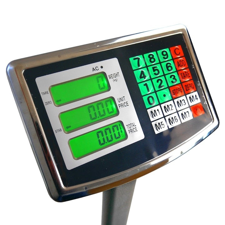 Cantar de platforma, sarcina maxima 500 kg, din otel, afisaj digital cu iluminare, cu baterie reincarcabila de mare capacitate, precizie de masurare +/- 100 g, argintiu