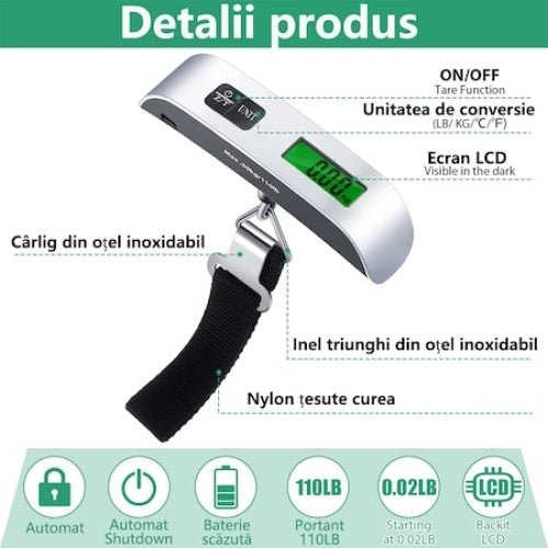 Cantar electronic FOXMAG24, pentru bagaje, capacitate 50 kg, afisaj LCD, argintiu