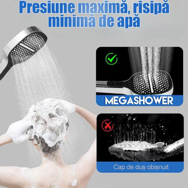Cap de dus 3-în-1 cu presiune înalta, 3 moduri de pulverizare - ploaie, masaj și cascada, din metal, usor de instalat si de curatat, argintiu/negru