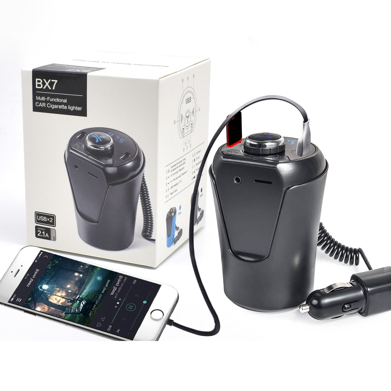 Car Kit Multifunctional BX7, FM / Bluetooth transmitter , 2 porturi USB, Slot TF CARD, AUX, Display, Negru