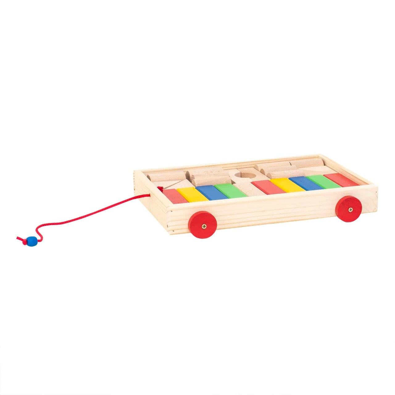 Carucior din lemn cu 24 cuburi colorate, dimensiuni 32x22x5 cm