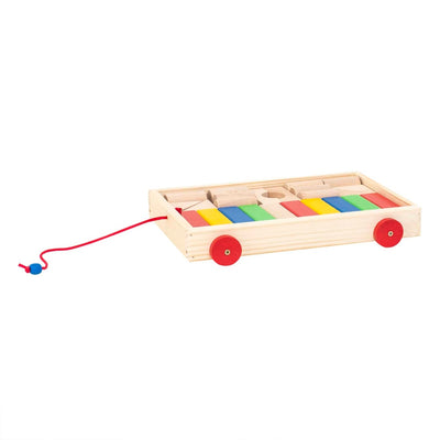 Carucior din lemn cu 24 cuburi colorate, dimensiuni 32x22x5 cm