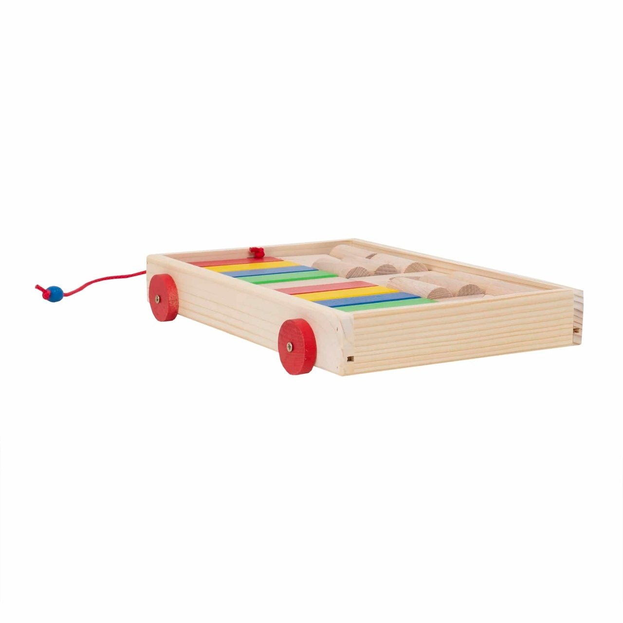 Carucior din lemn cu 24 cuburi colorate, dimensiuni 32x22x5 cm