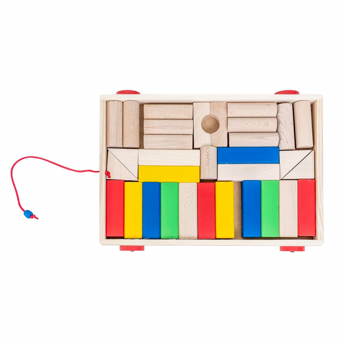 Carucior din lemn cu 32 cuburi colorate, 36x27x5 cm