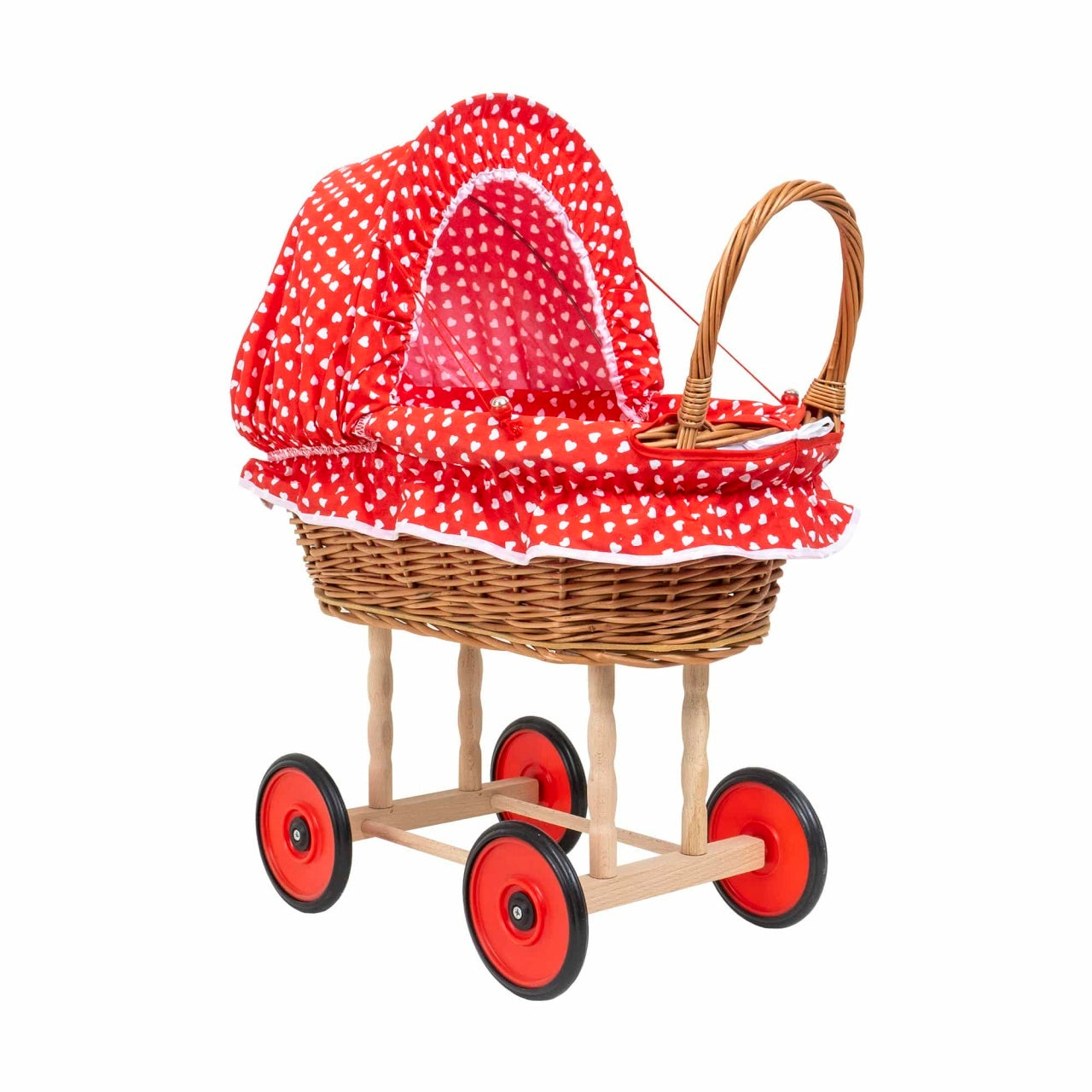 Carucior lemn pentru papusi cu cos impletit si accesorii textile, 49x38x50cm