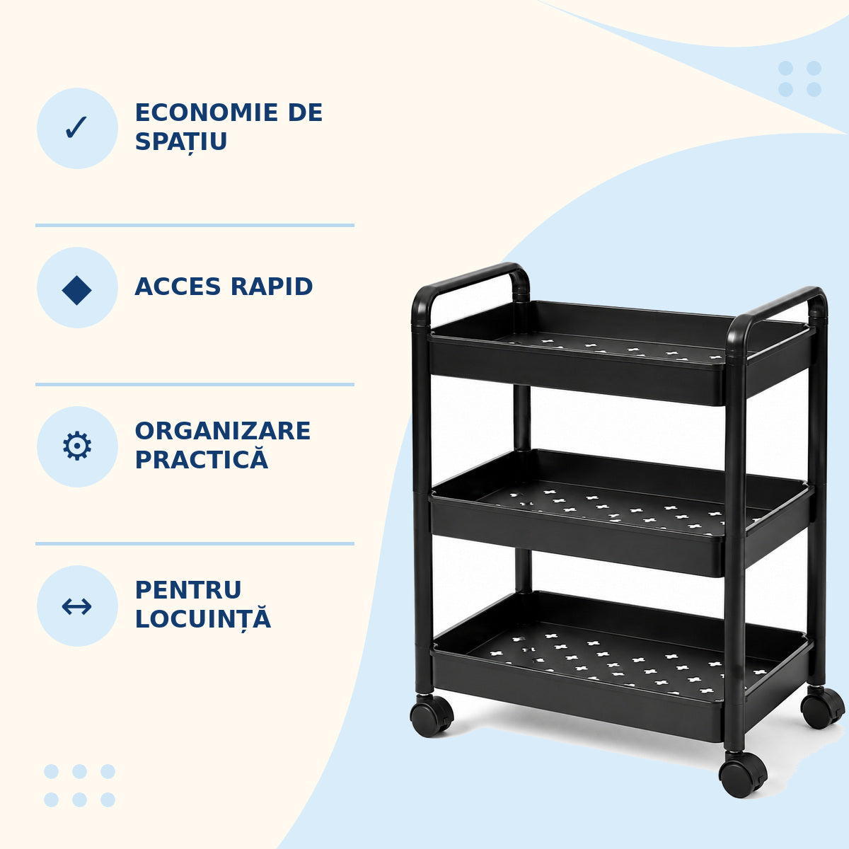 Cărucior Mobil de Depozitare cu 3 Niveluri și Roți, Negru – imagine 3