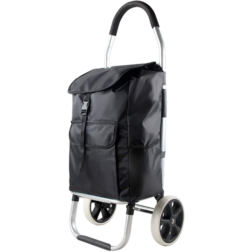Carucior pentru cumparaturi, cu cadru din metal, 2 roti mari, pliabil, pentru maxim 25 kg, cu 2 buzunare laterale, negru