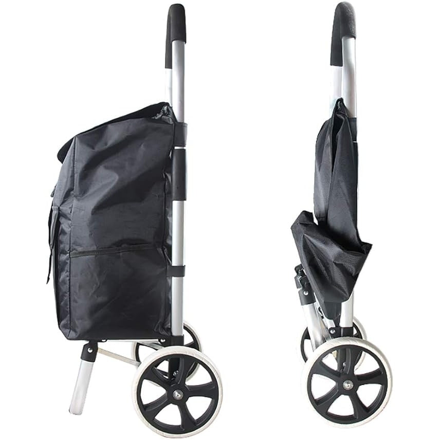 Carucior pentru cumparaturi, cu cadru din metal, 2 roti mari, pliabil, pentru maxim 25 kg, cu 2 buzunare laterale, negru