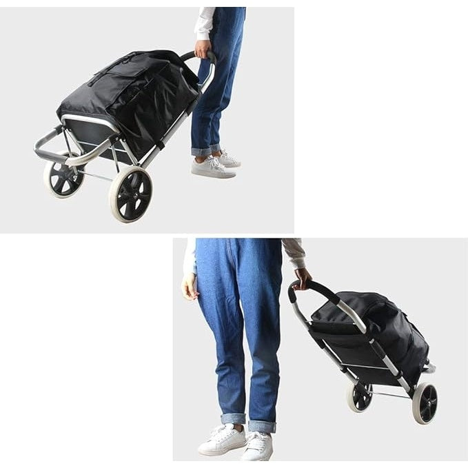 Carucior pentru cumparaturi, cu cadru din metal, 2 roti mari, pliabil, pentru maxim 25 kg, cu 2 buzunare laterale, negru