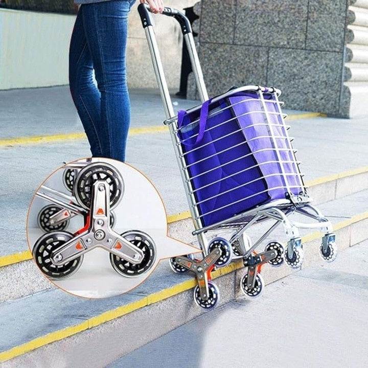Carucior pentru cumparaturi cu sac, pliabil, cu roti pentru urcarea scarilor, din metal si plastic, rezistent la apa, rugina si uzura, argintiu/mov