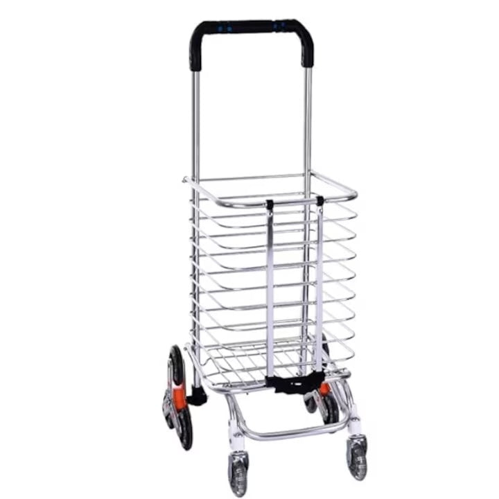 Carucior pentru cumparaturi pliabil, cu roti pentru urcarea scarilor, din metal si plastic, rezistent la apa, rugina si uzura, argintiu