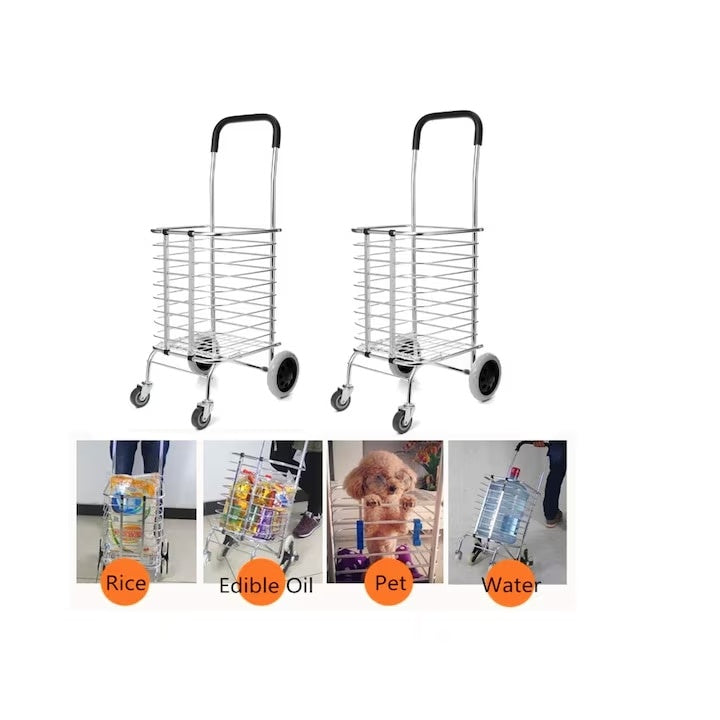 Carucior pentru cumparaturi pliabil, cu roti pentru urcarea scarilor, din metal si plastic, rezistent la apa, rugina si uzura, argintiu