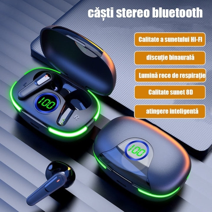 Casti bluetooth, cu afisaj LED si calitate audio superiora, sunet clar, lumina pentru respiratie, asistent vocal, autonomie mare a bateriei, negru