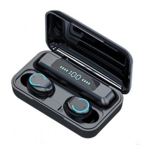 Casti bluetooth EarBuds F9-5, wireless, handsfree, BT 5.0, carcasa cu afisaj LED si capacitate de incarcare telefon 1200mAh, control Touch, incarcare magnetica, compatibil universal, functie reducere zgomot, power bank negru