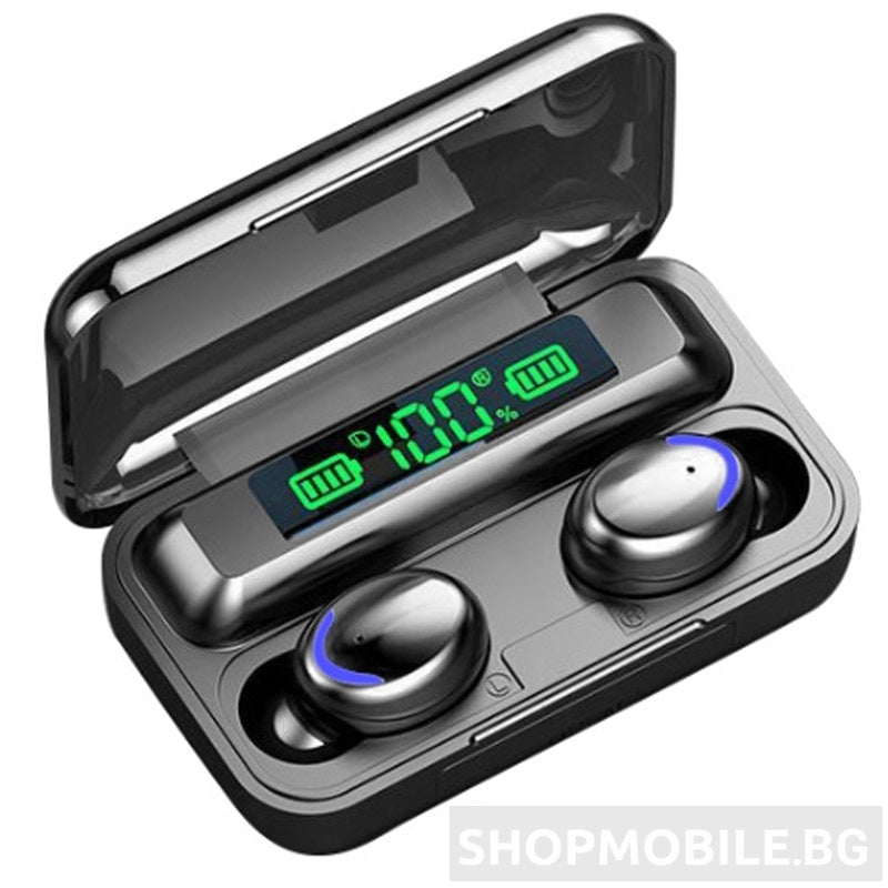Casti bluetooth EarBuds F9-5, wireless, handsfree, BT 5.0, carcasa cu afisaj LED si capacitate de incarcare telefon 1200mAh, control Touch, incarcare magnetica, compatibil universal, functie reducere zgomot, power bank negru