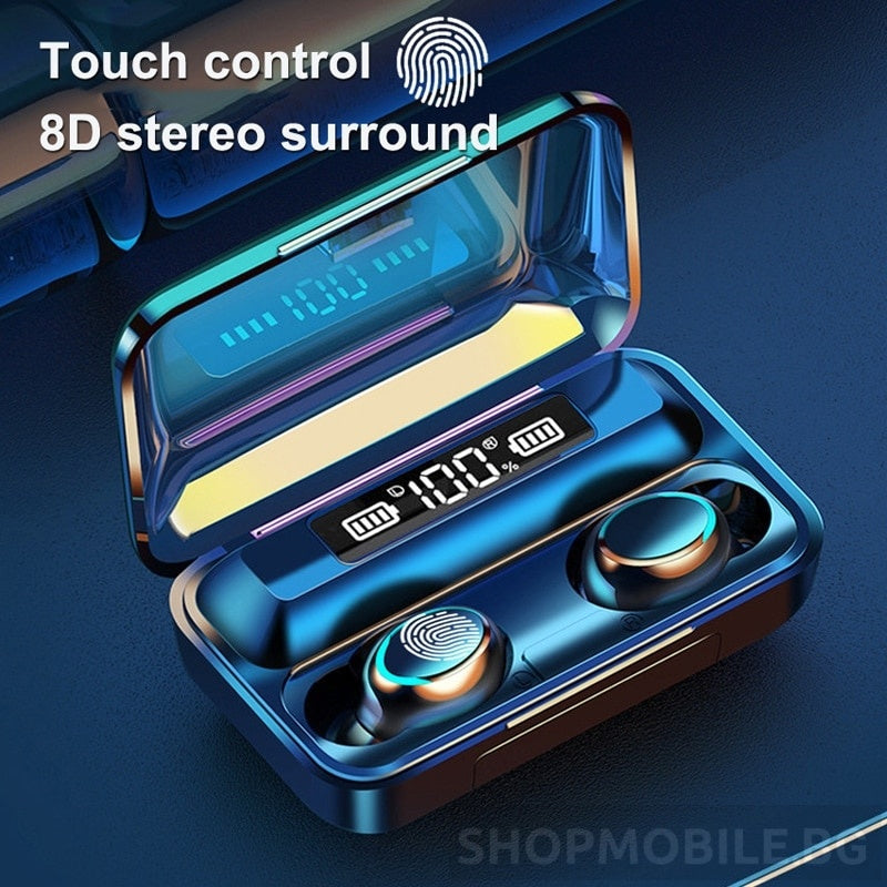 Casti bluetooth EarBuds F9-5, wireless, handsfree, BT 5.0, carcasa cu afisaj LED si capacitate de incarcare telefon 1200mAh, control Touch, incarcare magnetica, compatibil universal, functie reducere zgomot, power bank negru