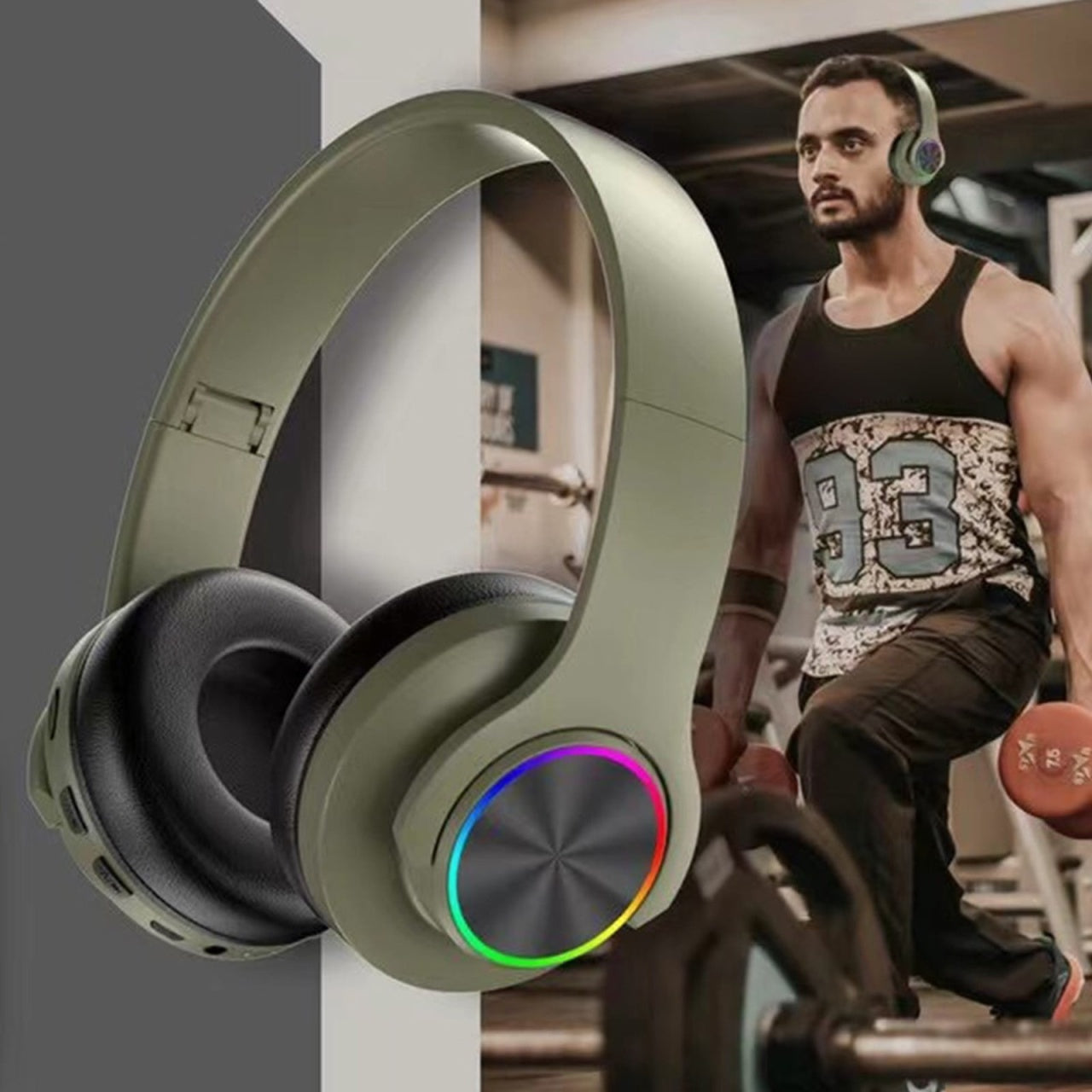 Casti fara fir, conexiune Bluetooth, cu lumini multicolore, pliabile, universale pentru telefoane mobile, verde