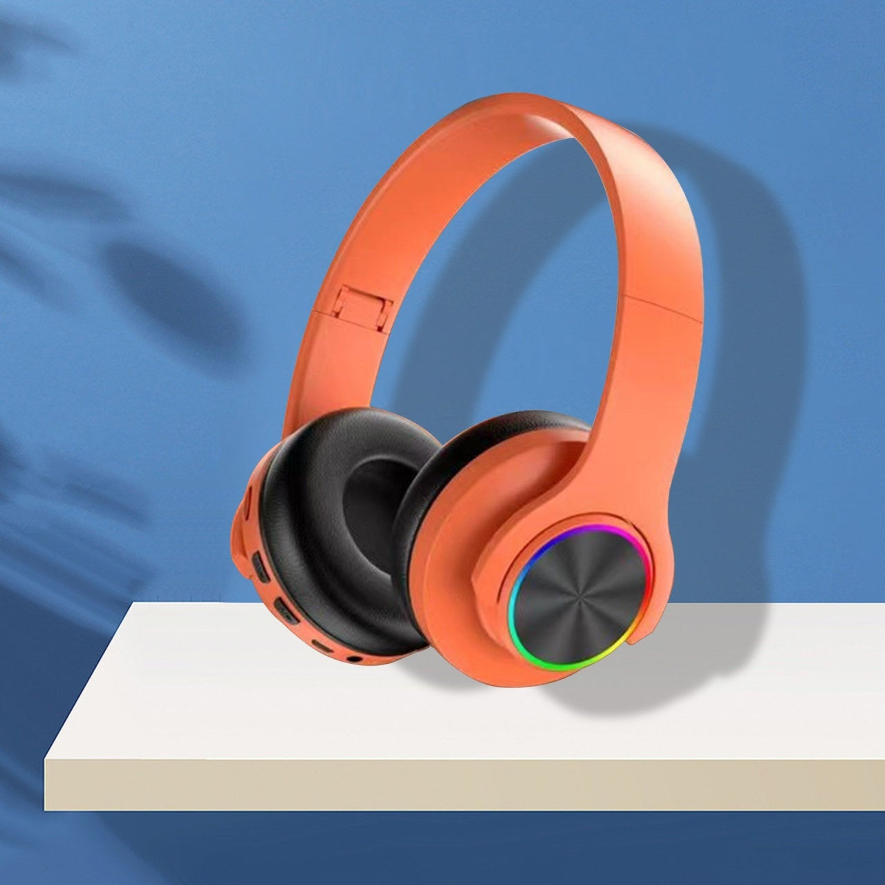 Casti fara fir, conexiune Bluetooth, cu lumini multicolore, pliabile, universale pentru telefoane mobile, portocaliu