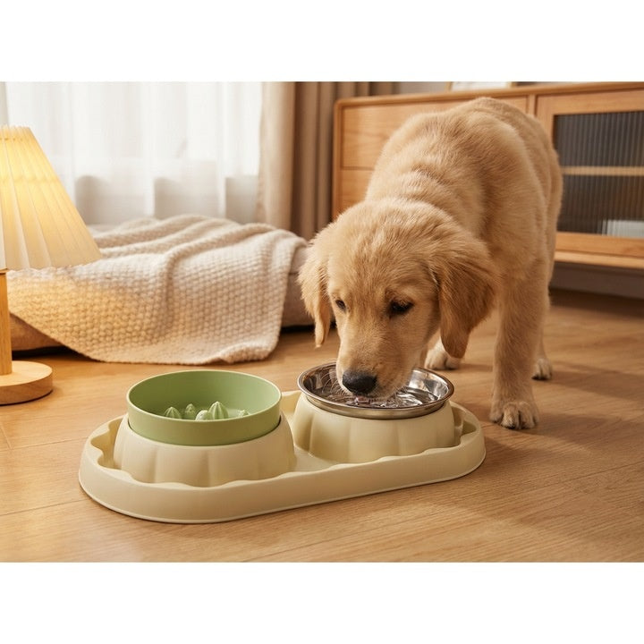 Castron cu alimentare lenta pentru caini, Castron dublu pentru hrana si apa, 36x19 cm, Verde