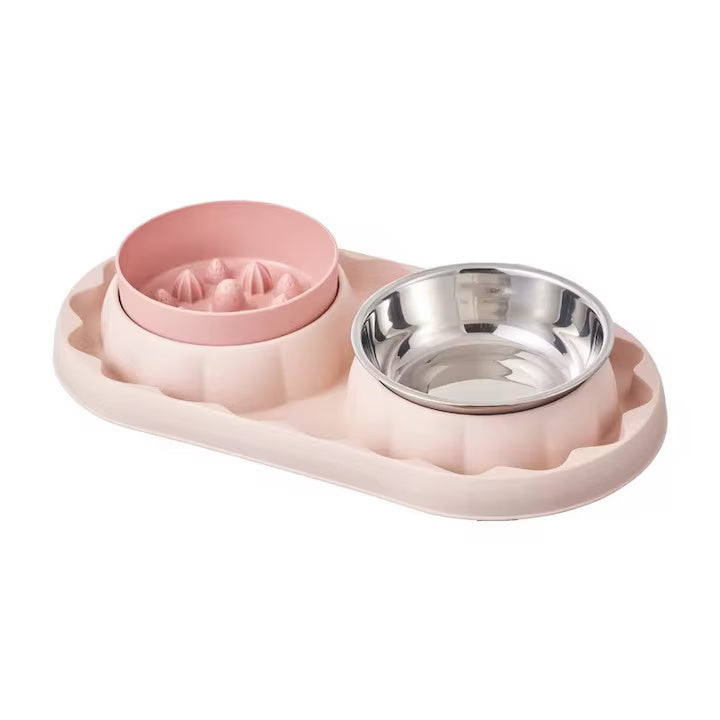 Castron cu alimentare lenta pentru caini, Castron dublu pentru hrana si apa, 36x19 cm, Roz
