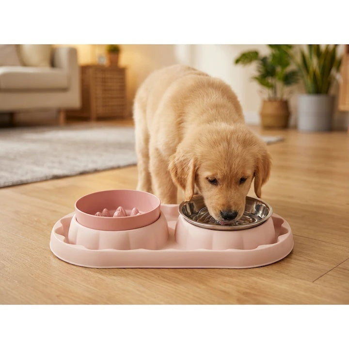 Castron cu alimentare lenta pentru caini, Castron dublu pentru hrana si apa, 36x19 cm, Roz