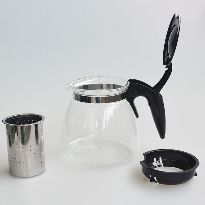 Ceainic cu infuzor, din sticla termorezistenta, capacitate 1, 1L, cu maner rece, diametru 13, 5 cm, negru
