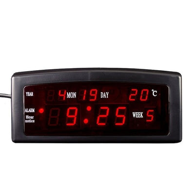 Ceas de masa, cu LED rosu, din PVC, cu alarma, calendar si temperatura, alimentare la retea, dimensiuni 19 x 8 x 7.5 cm, negru/rosu