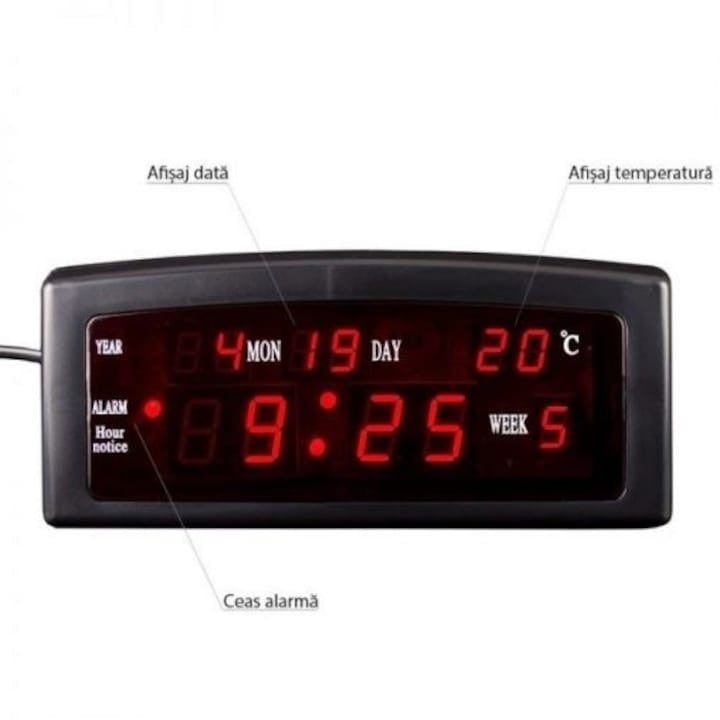 Ceas de masa, cu LED rosu, din PVC, cu alarma, calendar si temperatura, alimentare la retea, dimensiuni 19 x 8 x 7.5 cm, negru/rosu