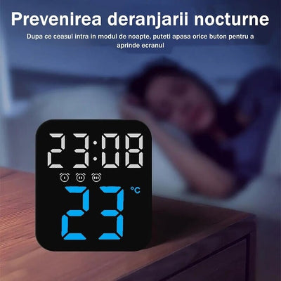 Ceas de masa, cu lumina led albastru, incarcare USB, alarme, calendar, temperatura, functie snooze, mod de noapte, dimensiuni 11 X 10 X 4 cm, negru/albastru
