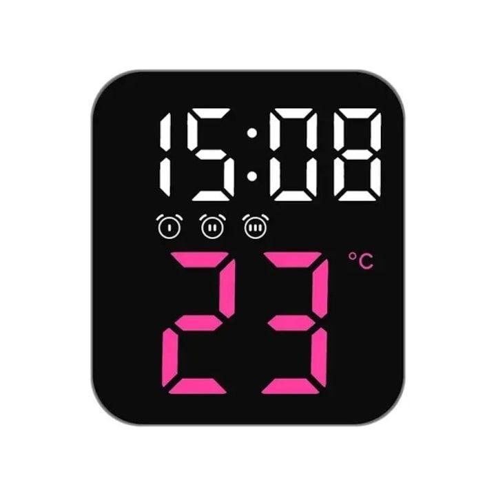 Ceas de masa, cu lumina led mov, incarcare USB, alarme, calendar, temperatura, functie snooze, mod de noapte, dimensiuni 11 X 10 X 4 cm, negru/mov