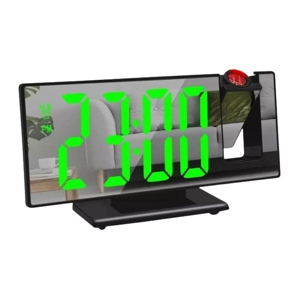 Ceas de masa, cu oglinda si proiectie, din PVC, cu 2 nivele de lumina, 2 alarme, afisaj de zi si luna, 185 X 76/96 X 27/45 mm, incarcare USB, negru/verde